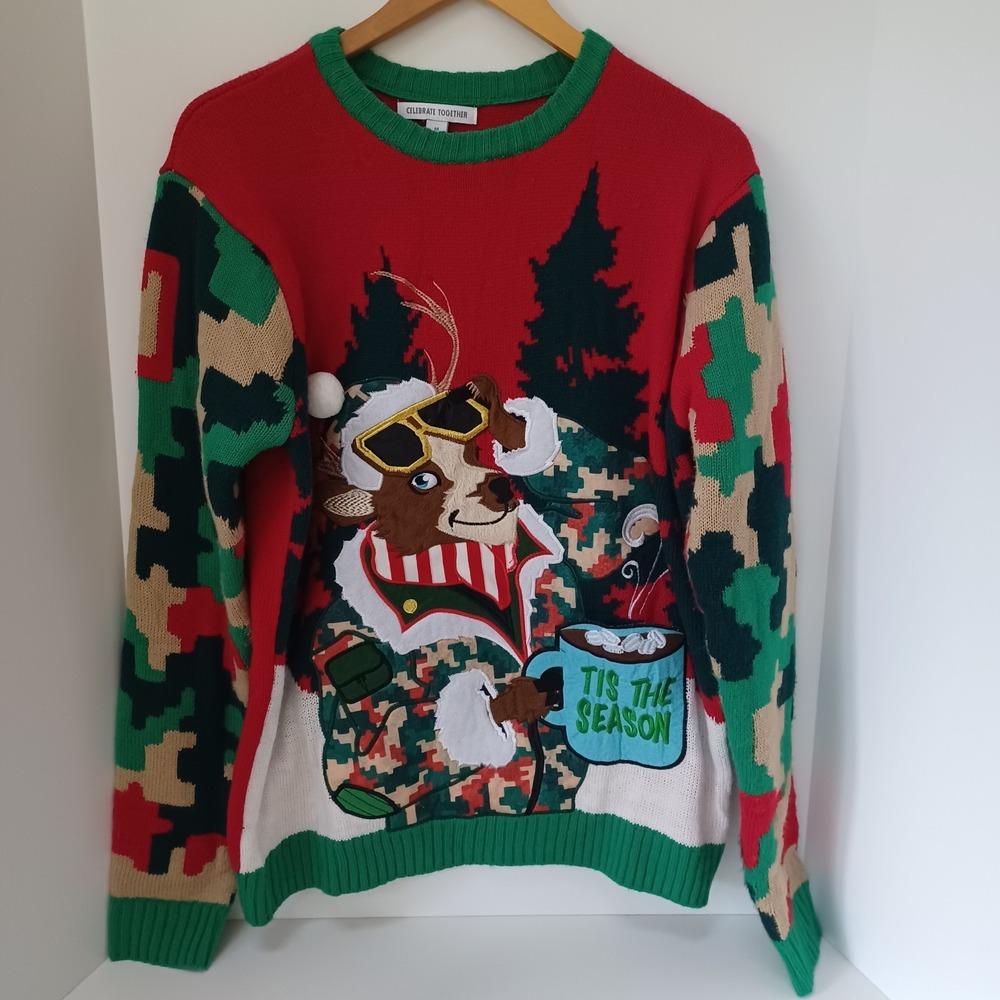 Ugly Christmas Sweater‎ Reindeer Tis The Season Unisex Adult Medium Acrylic Knit